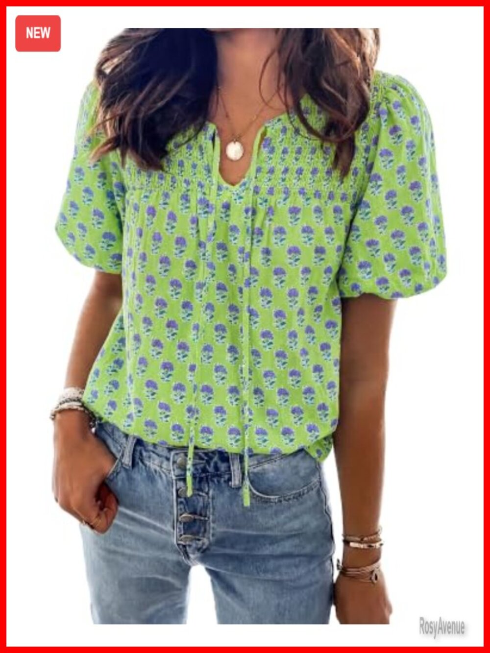 Boho Floral Puff Sleeve Blouse V-Neck Drawstring Summer Top